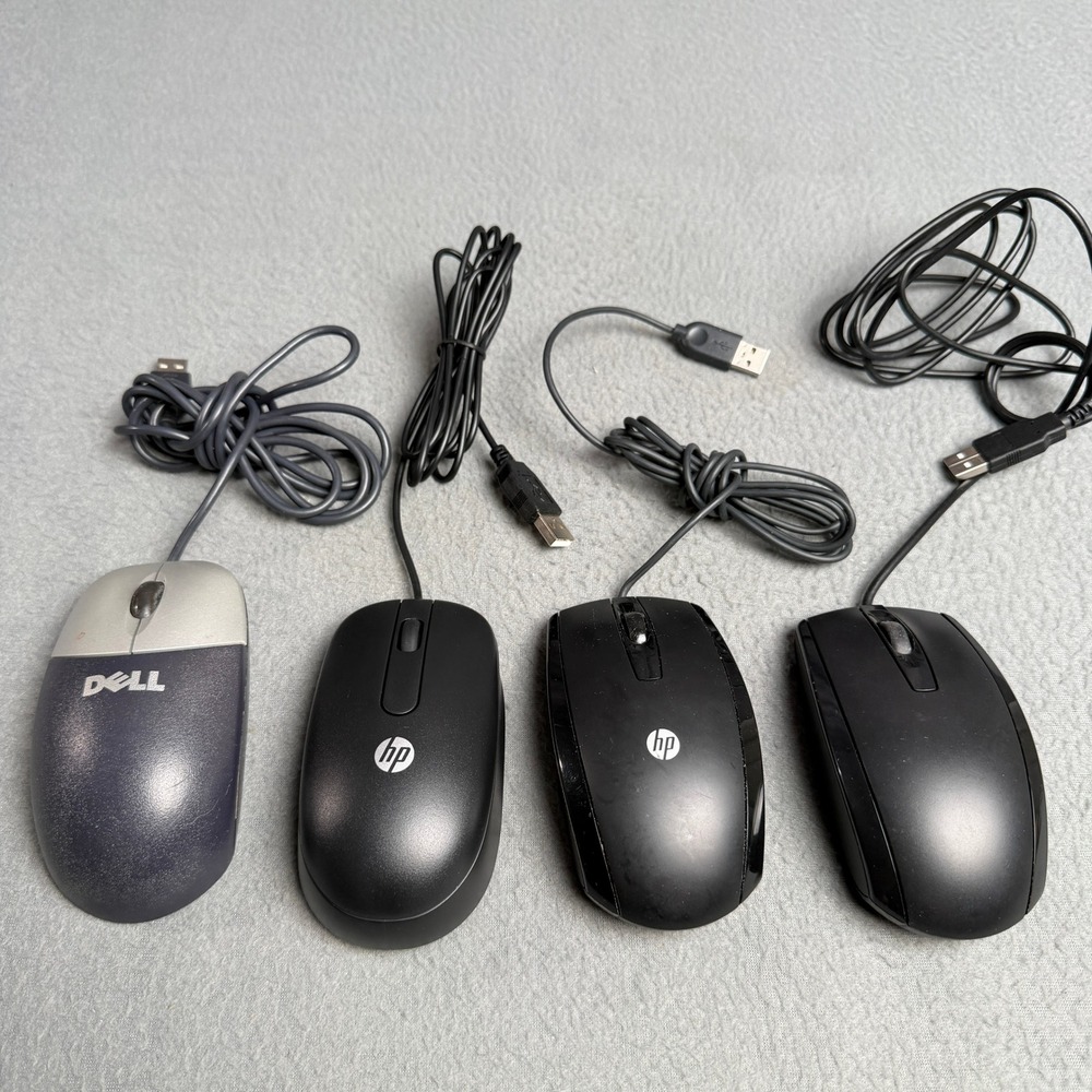 Lot of 4 HP and Dell Wired USB Computer Mice Black Silver Optical Laser Mixed